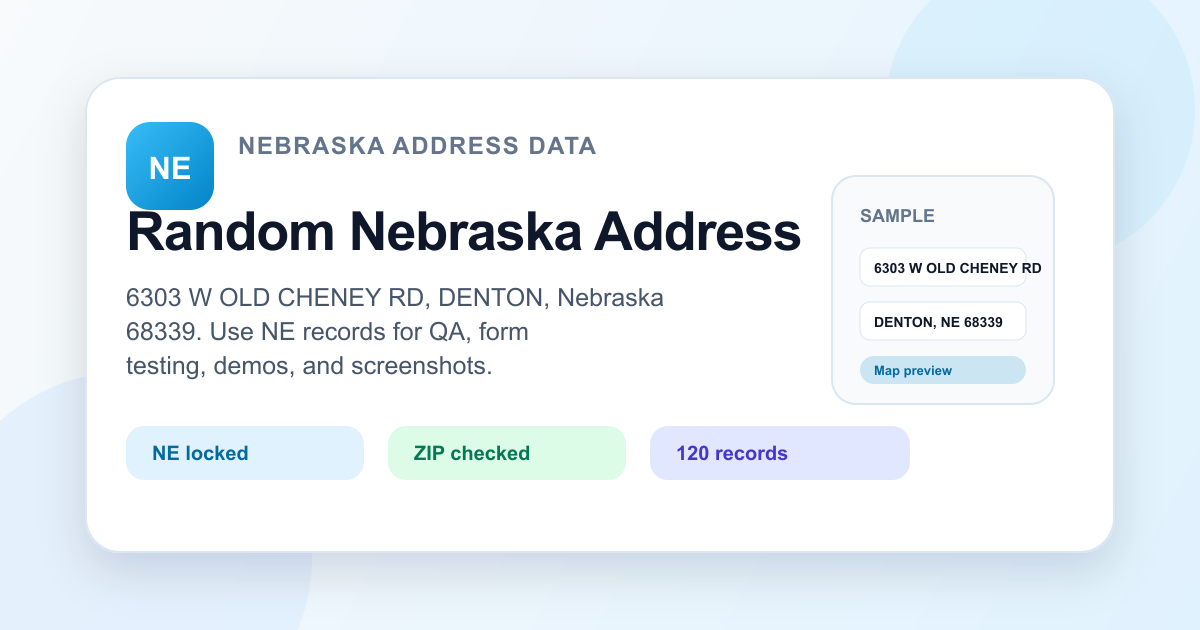 Random Nebraska address generator visual with NE ZIP data, sample address fields, and copy-ready test output