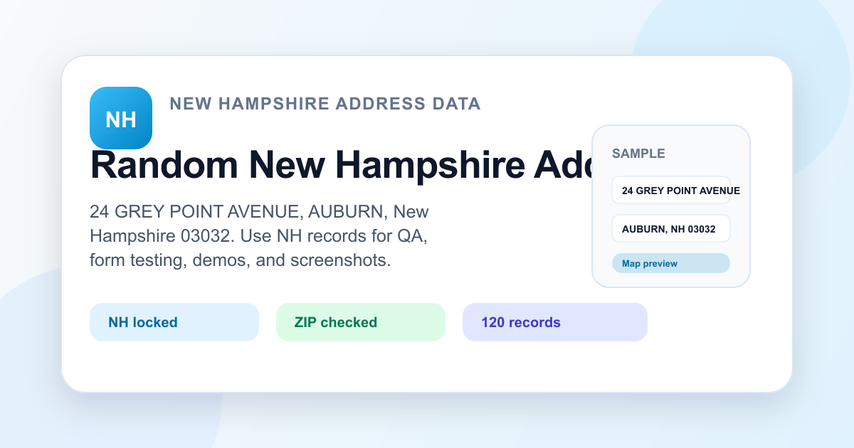 Random New Hampshire address generator visual with NH ZIP data, sample address fields, and copy-ready test output