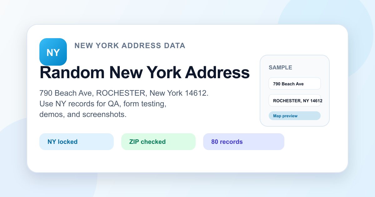 Random New York address generator visual with NY ZIP data, sample address fields, and copy-ready test output