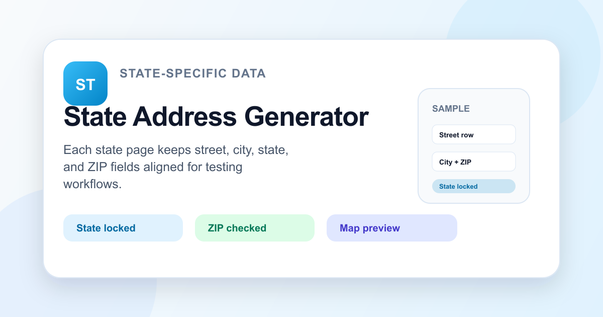 Oregon address generator visual showing state-specific address data, ZIP validation, and map preview