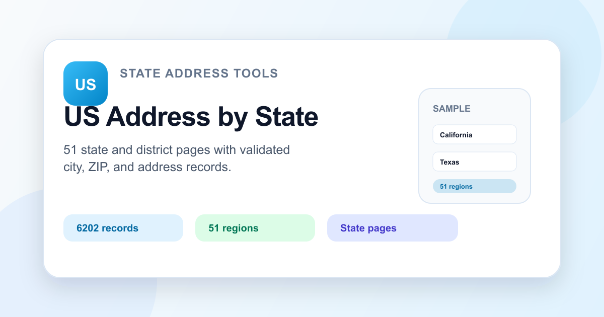 US address generator by state visual showing state pages, validated records, and regional ZIP coverage