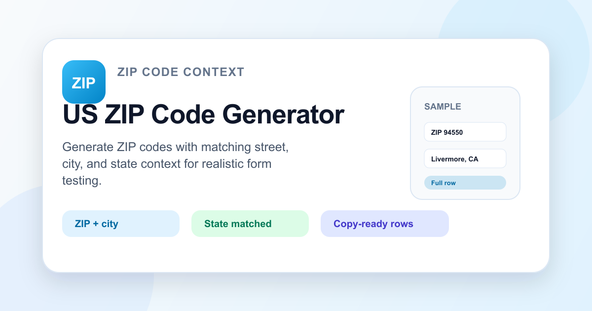 US ZIP code generator visual showing ZIP code, city, state, and full address context